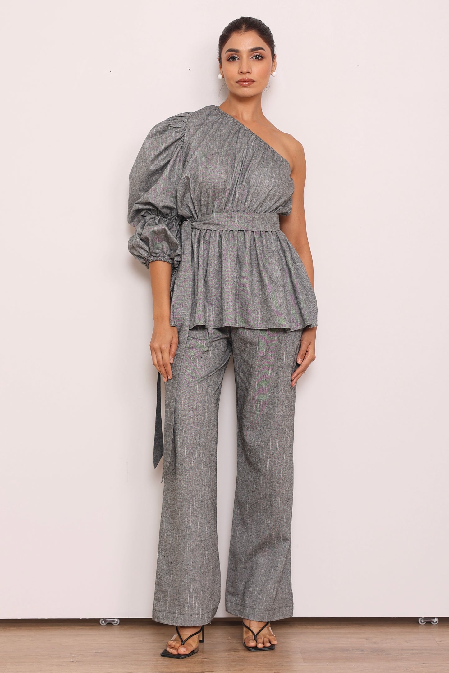 Tailored pants + one shoulder top