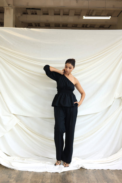 Black co-ord trouser and one shoulder top