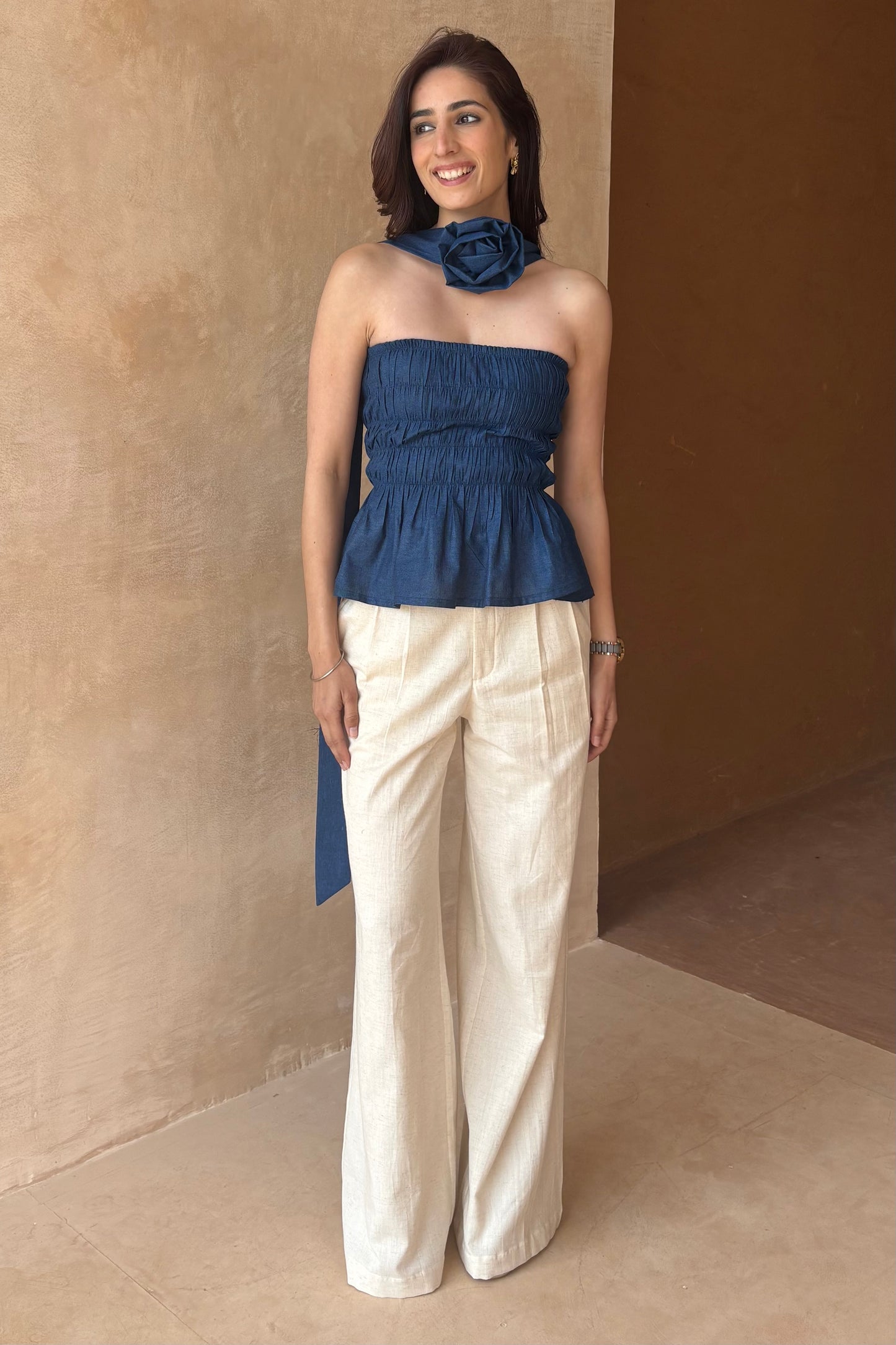 Cotton denim smocked top