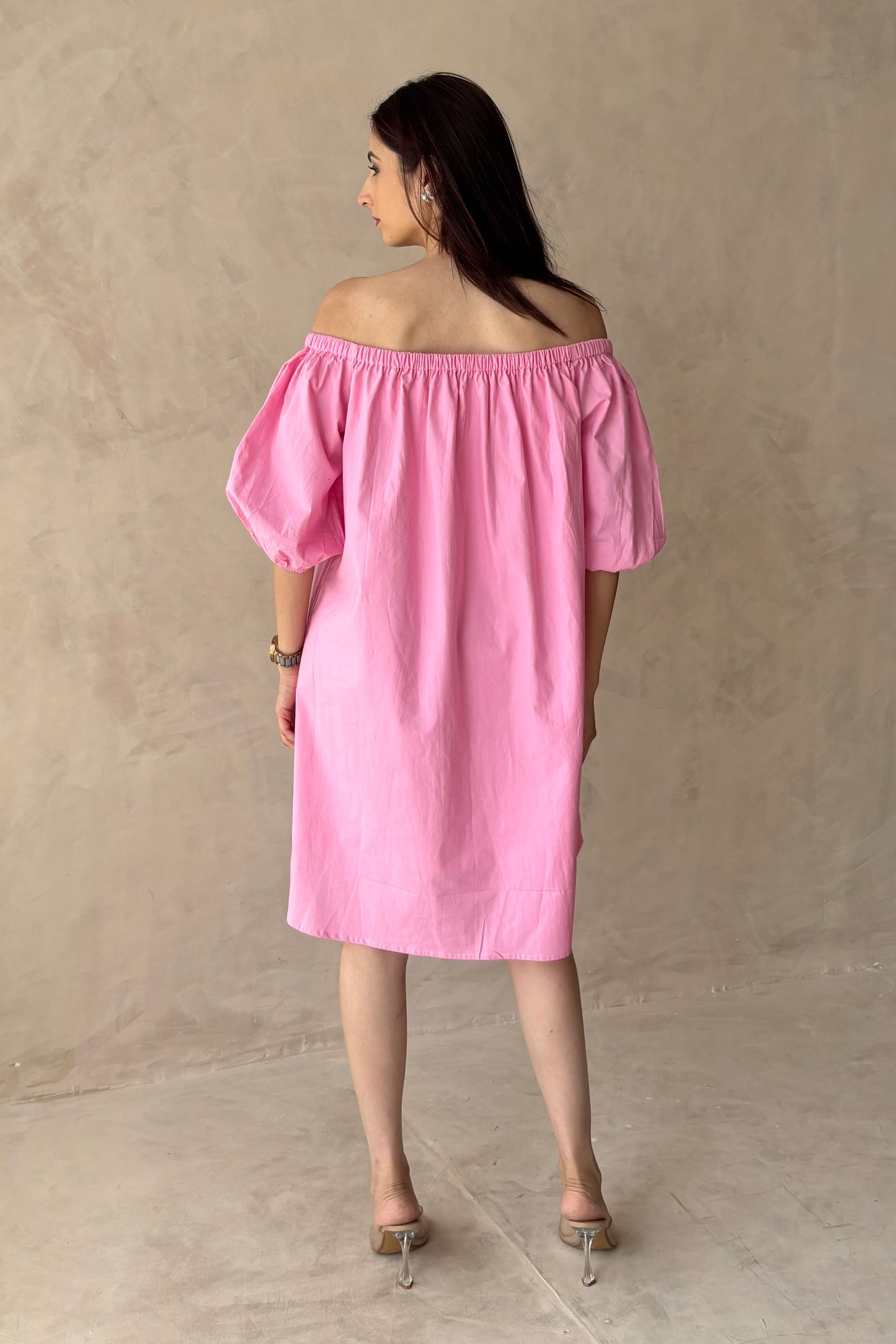 Baby pink off shoulder cotton dress