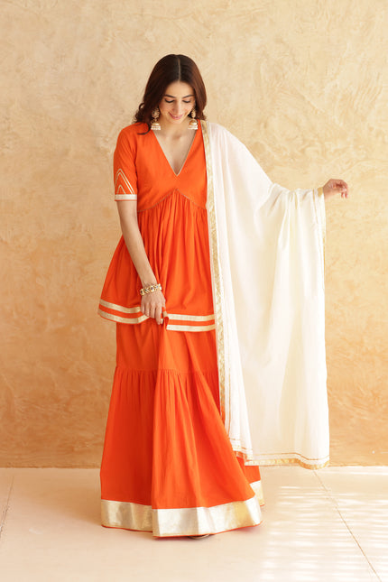 Bright orange lehenga + kurti set
