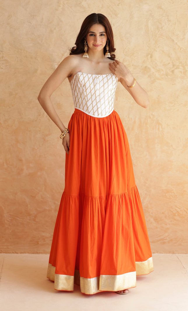 Bright orange lehenga + corset