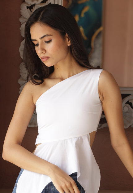 White flared one shoulder top