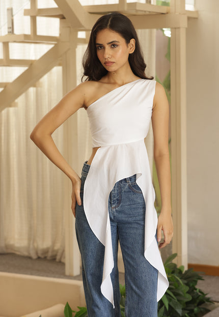 White flared one shoulder top