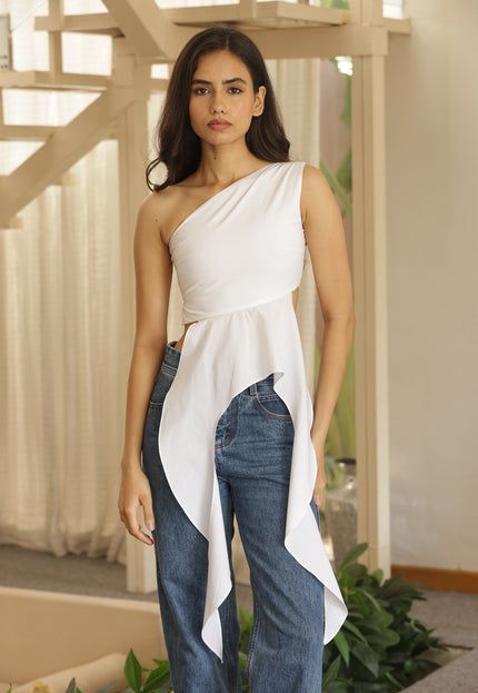 White flared one shoulder top