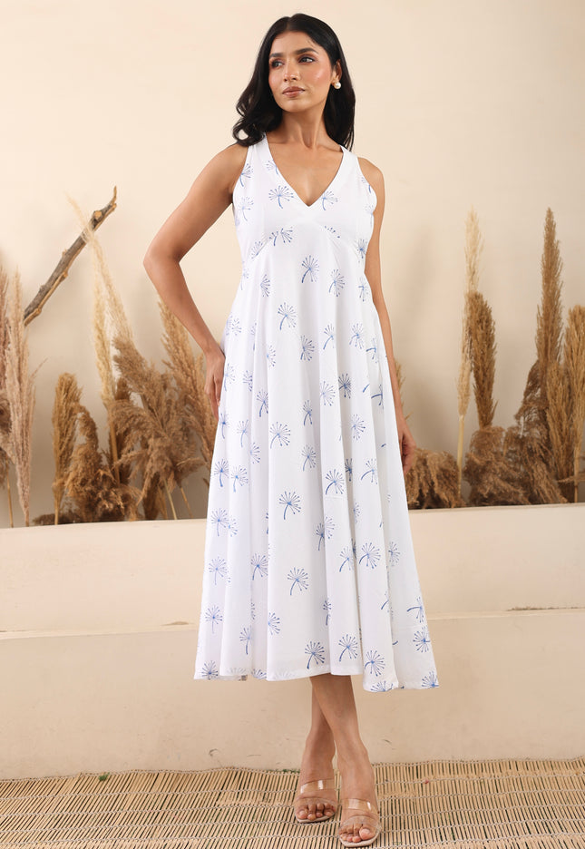 White cotton printed V-Neck midi dress