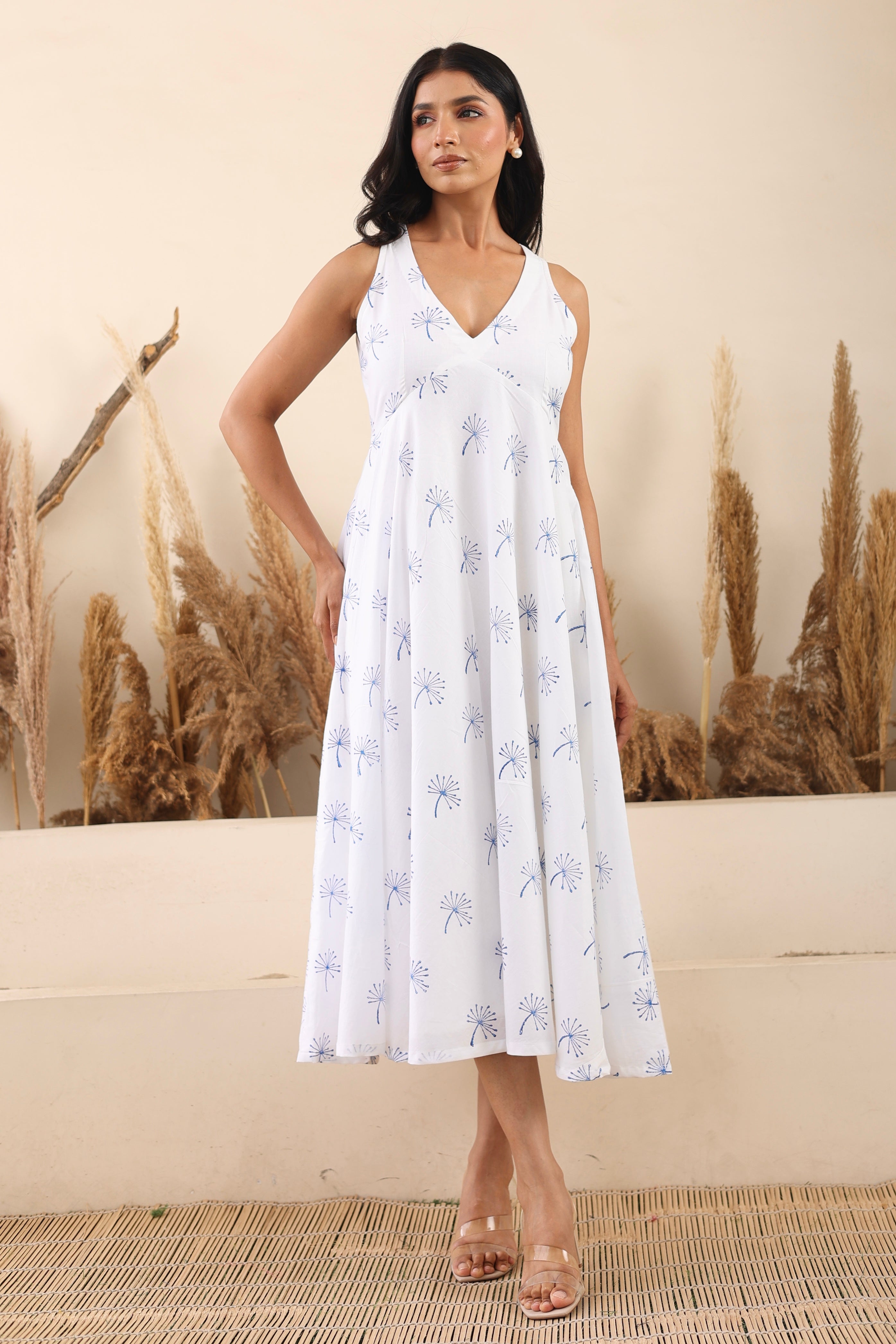 White cotton printed V-Neck midi dress S