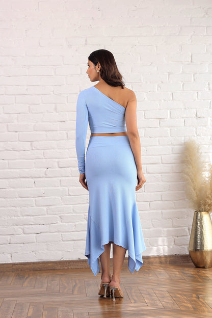 Powder blue skirt and one shoulder top