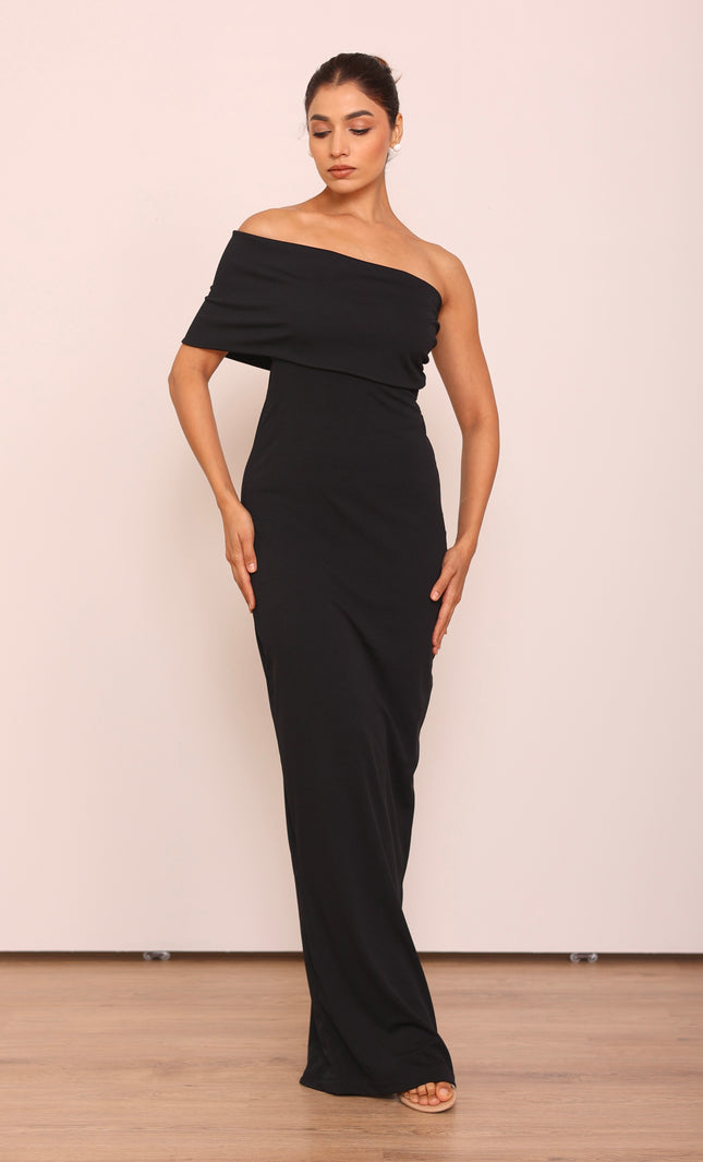 Long black body con cape dress