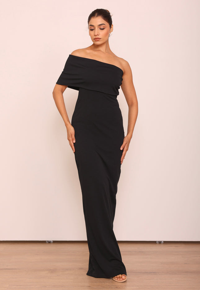 Long black body con cape dress