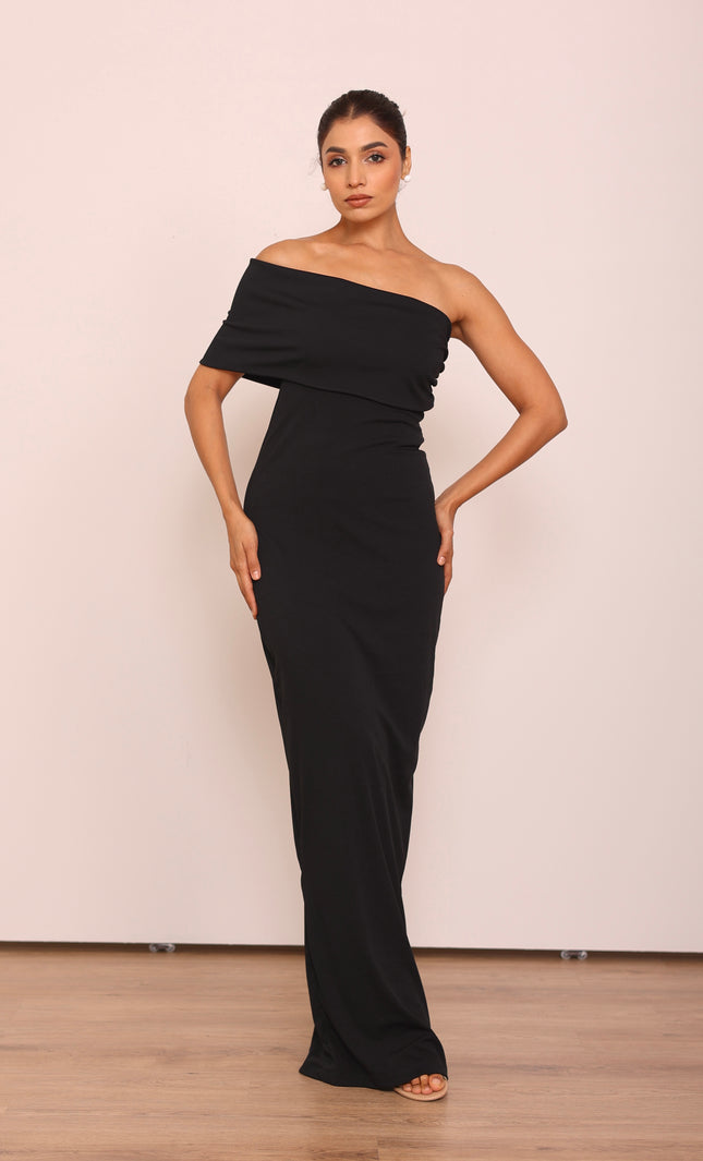 Long black body con cape dress