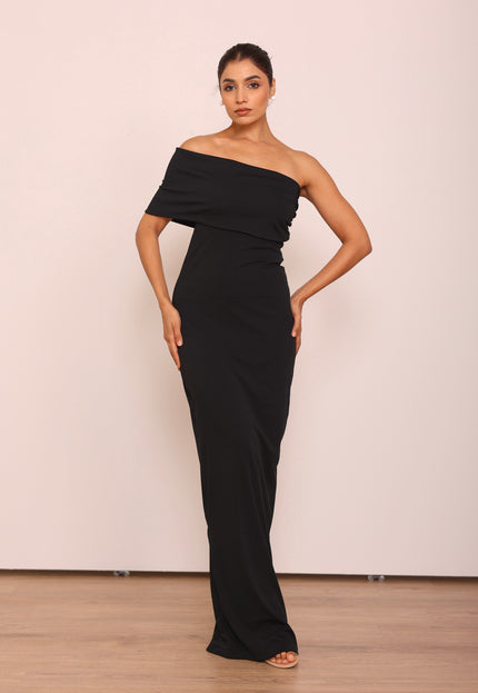 Long black body con cape dress