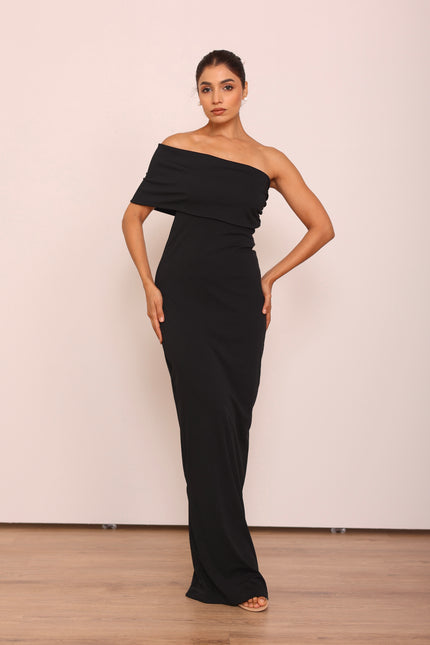 Long black body con cape dress