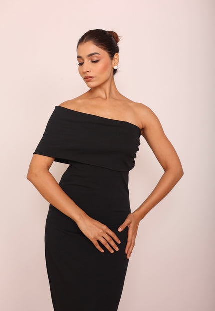 Long black body con cape dress