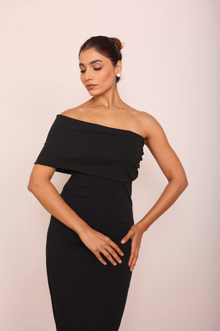 Long black body con cape dress