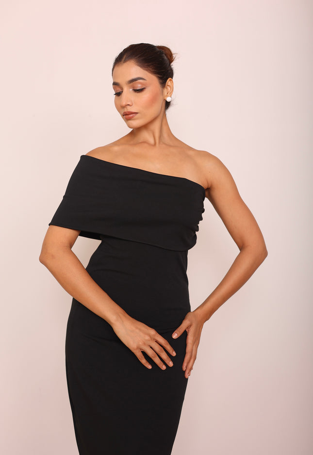 Long black body con cape dress