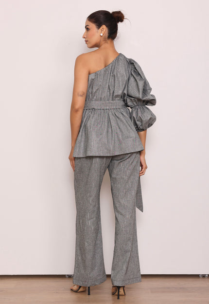Tailored pants + one shoulder top
