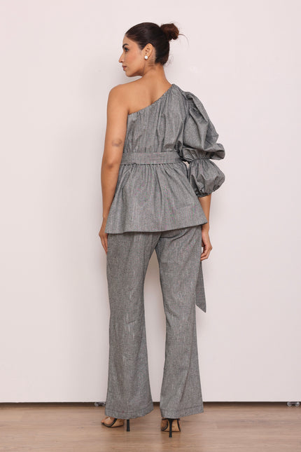 Tailored pants + one shoulder top