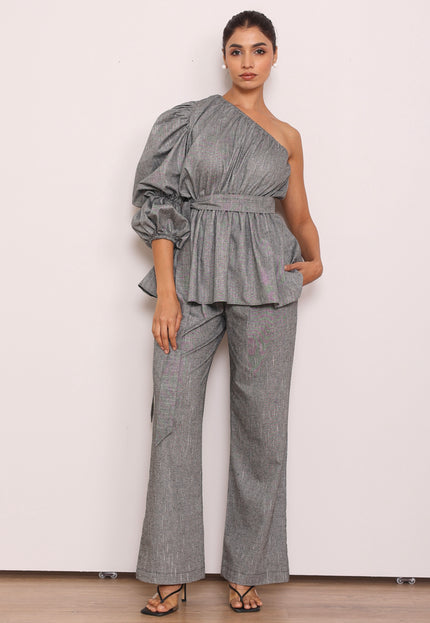 Tailored pants + one shoulder top
