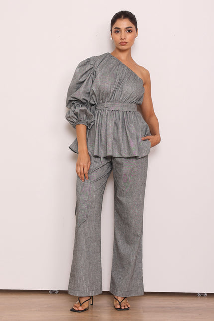 Tailored pants + one shoulder top