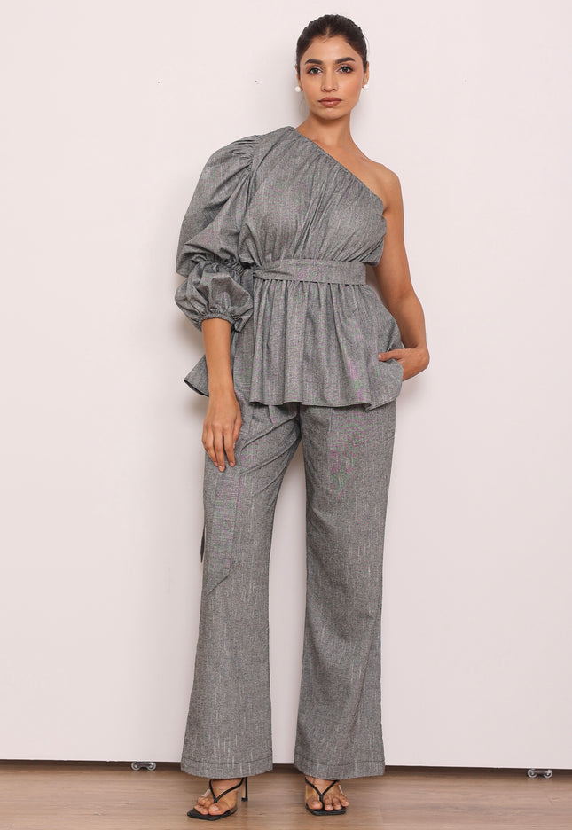 Tailored pants + one shoulder top