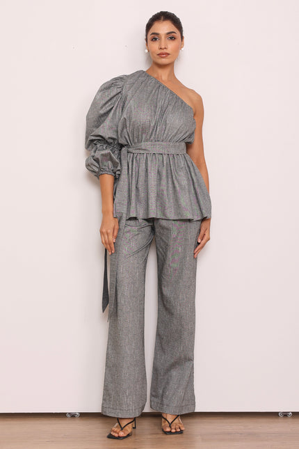 Tailored pants + one shoulder top