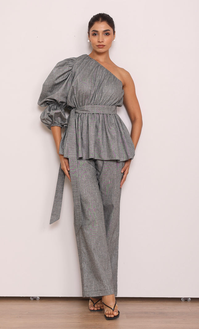 Tailored pants + one shoulder top
