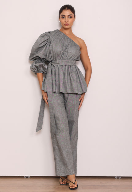 Tailored pants + one shoulder top