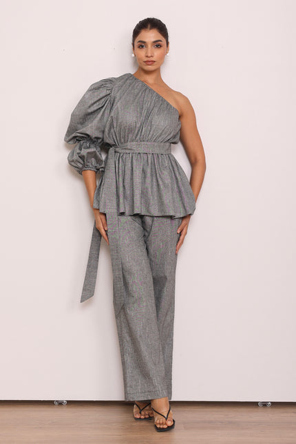 Tailored pants + one shoulder top