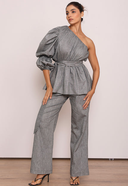 Tailored pants + one shoulder top