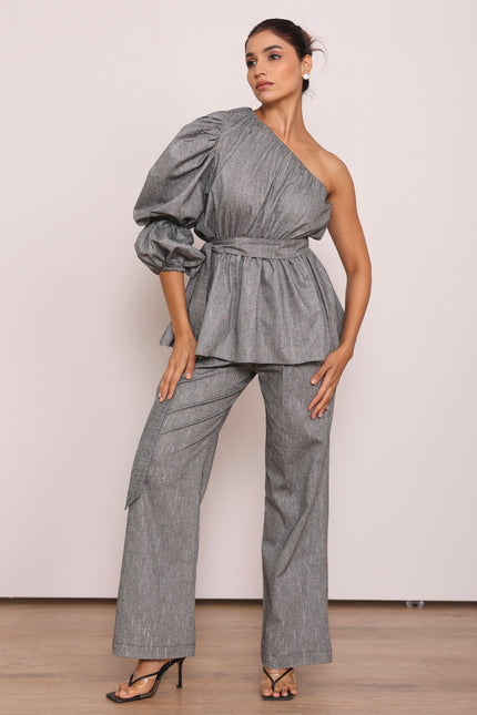 Tailored pants + one shoulder top