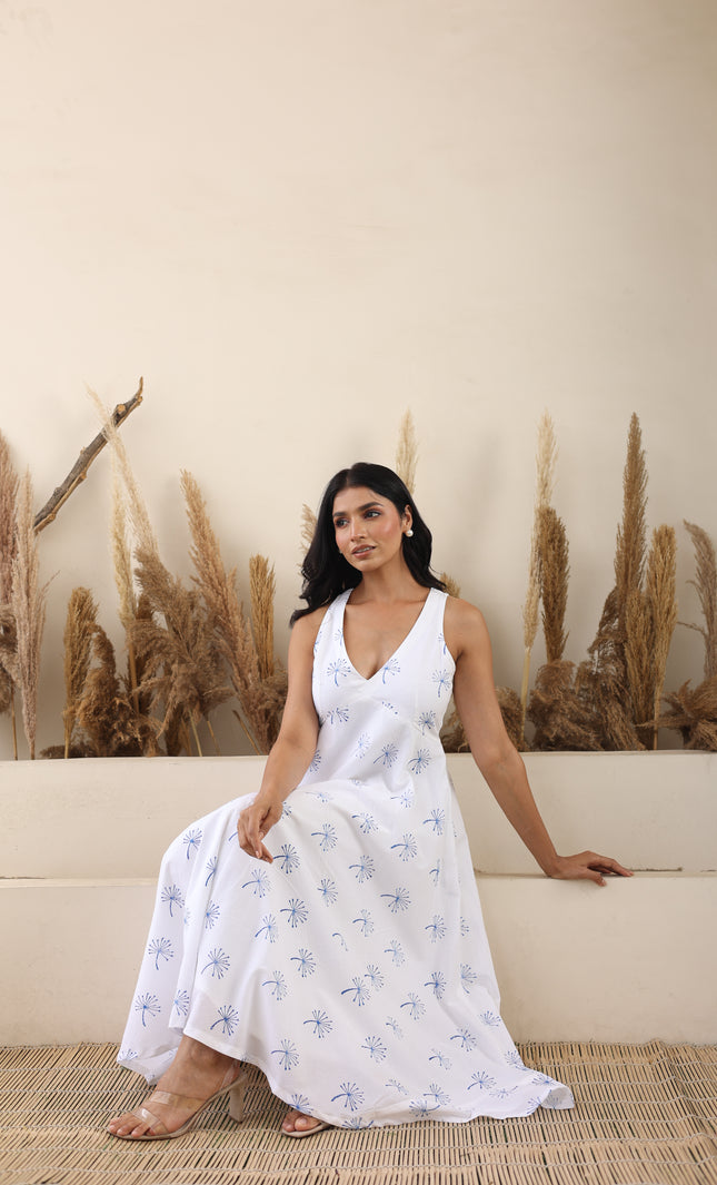 White cotton printed V-Neck midi dress