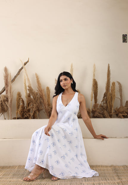 White cotton printed V-Neck midi dress