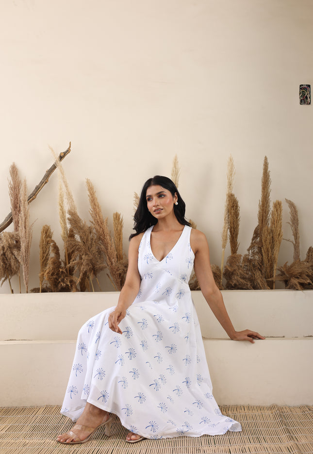 White cotton printed V-Neck midi dress