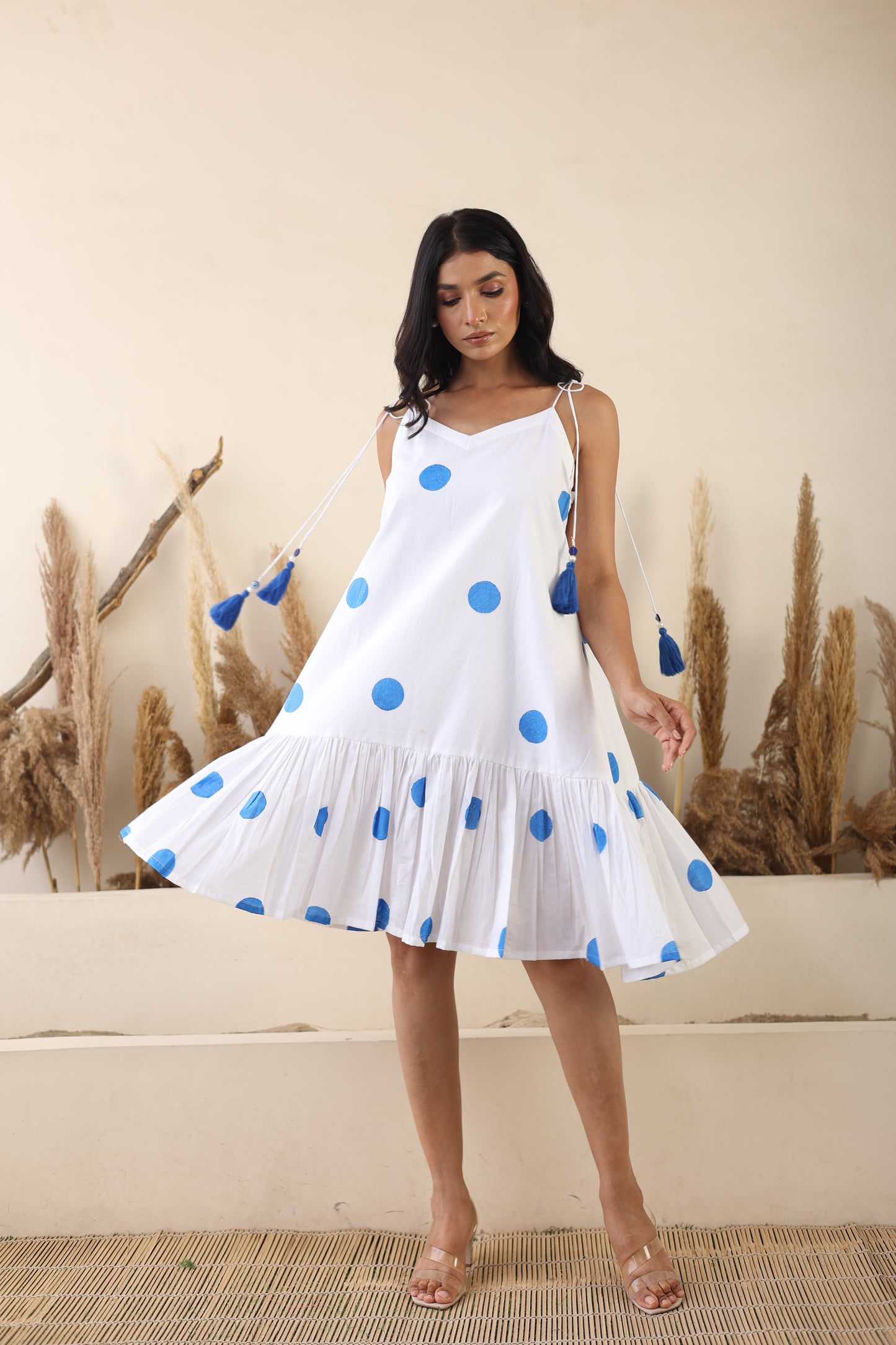 Cotton short evil eye tie up dress