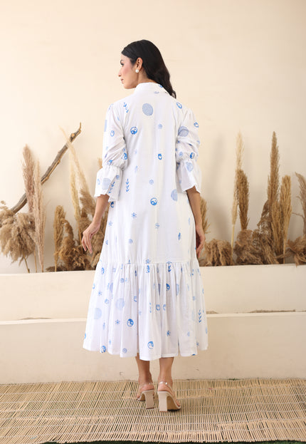 White cotton printed midi dress