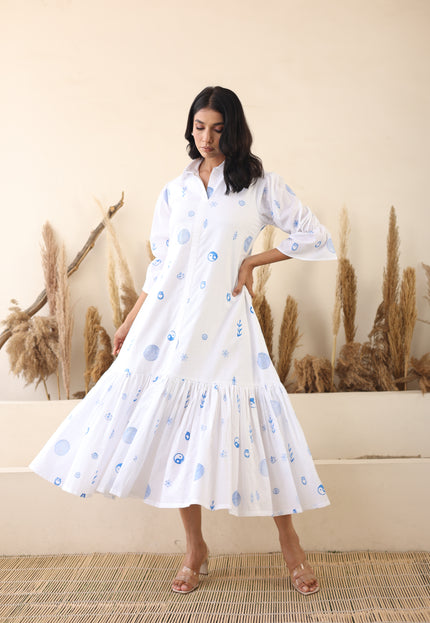 White cotton printed midi dress