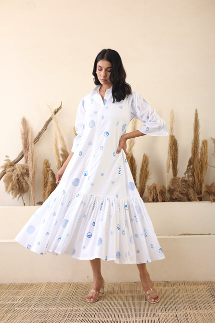 White cotton printed midi dress