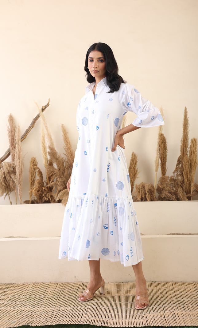 White cotton printed midi dress
