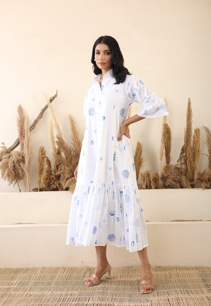 White cotton printed midi dress