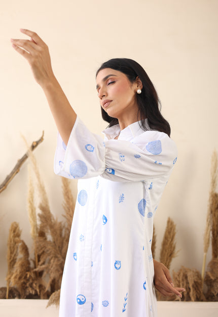 White cotton printed midi dress