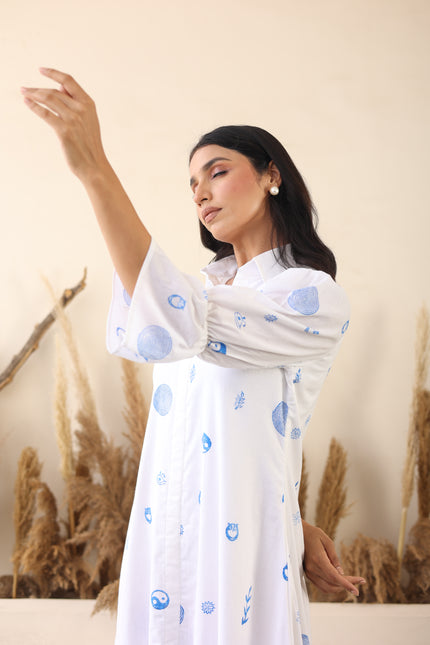 White cotton printed midi dress