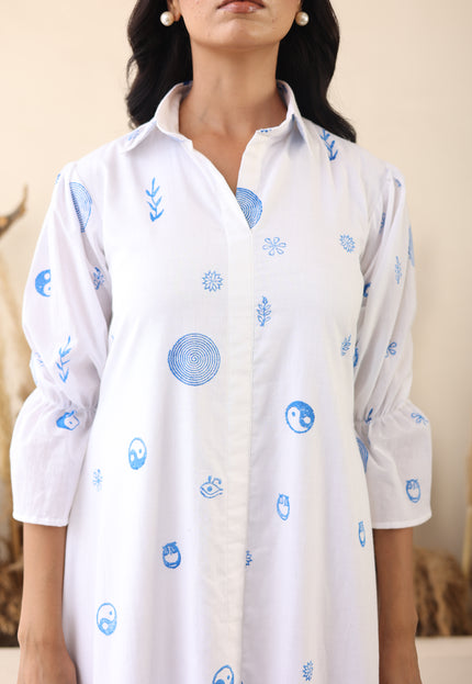 White cotton printed midi dress