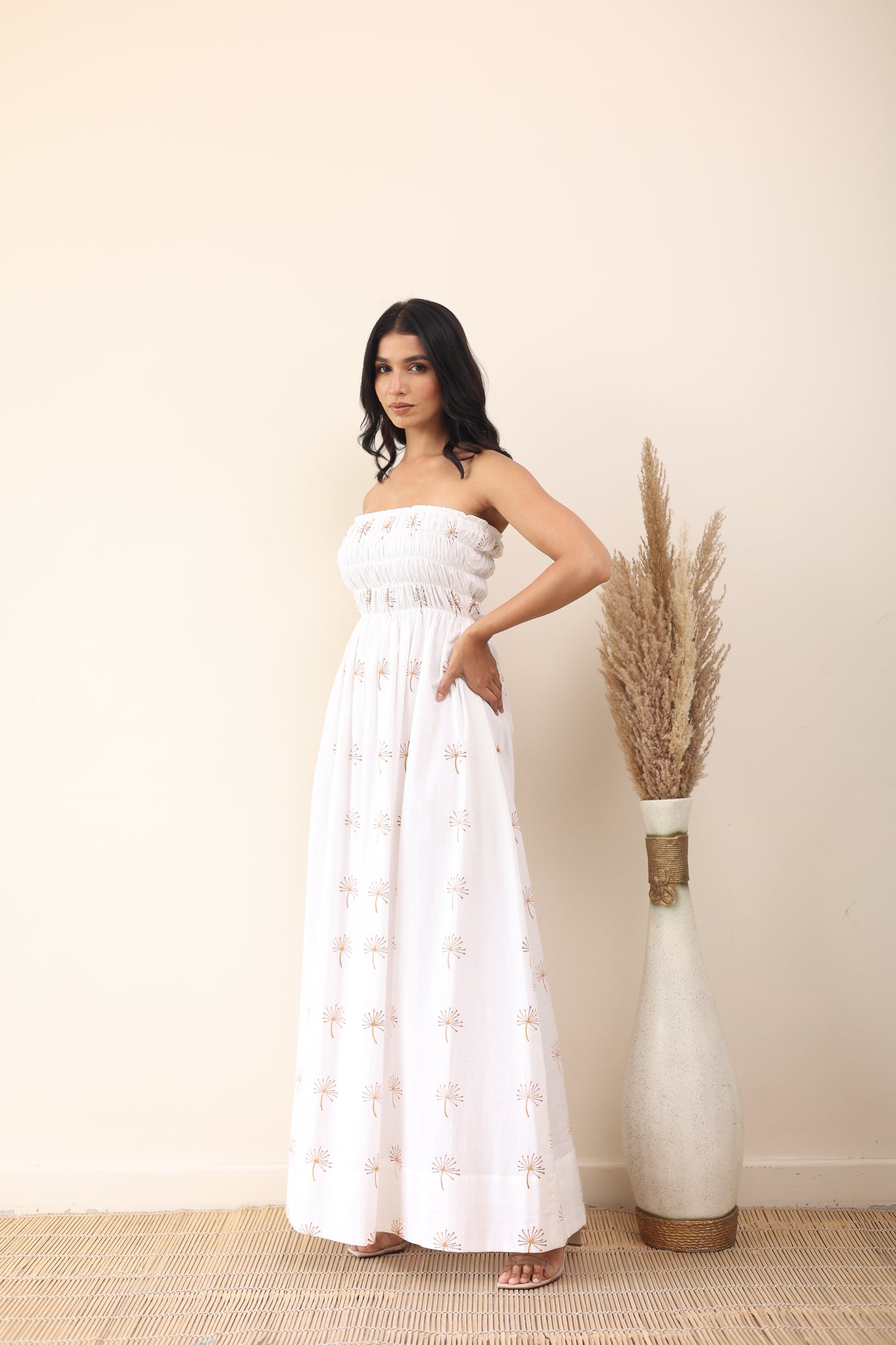 White cotton printed maxi dress