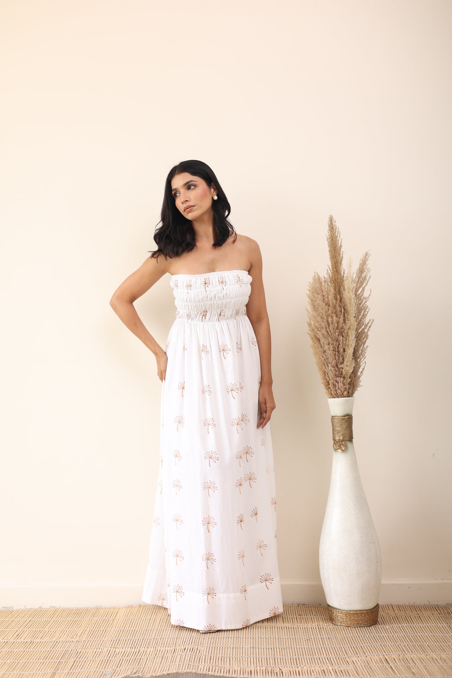 White cotton printed maxi dress