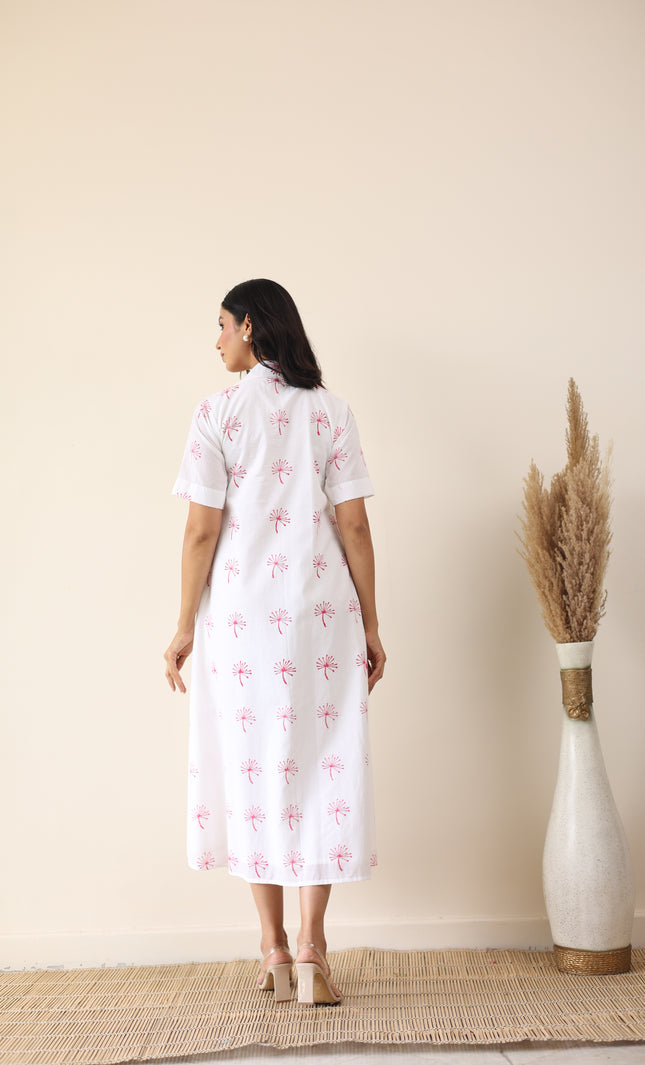 White cotton printed midi dress
