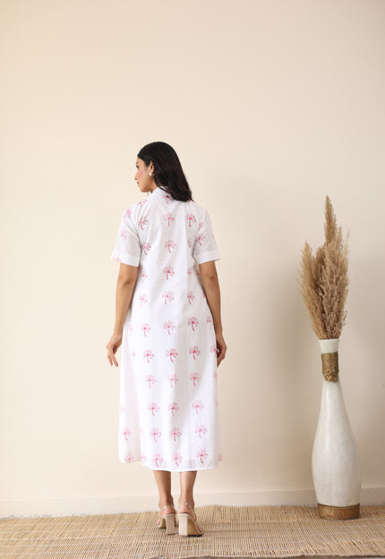 White cotton printed midi dress