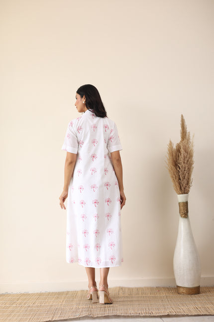 White cotton printed midi dress