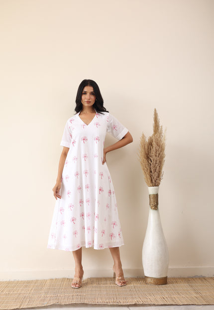 White cotton printed midi dress