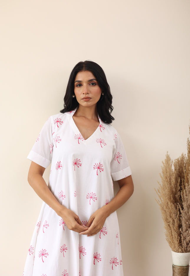 White cotton printed midi dress